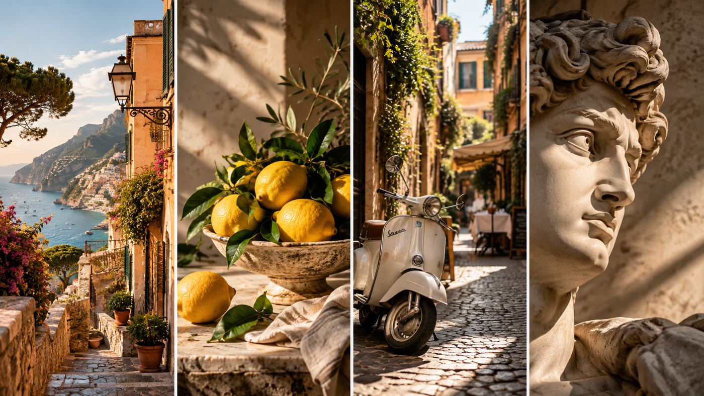Italienische Küste, Zitronen, eine Vespa in einer Gasse und eine Marmorbüste