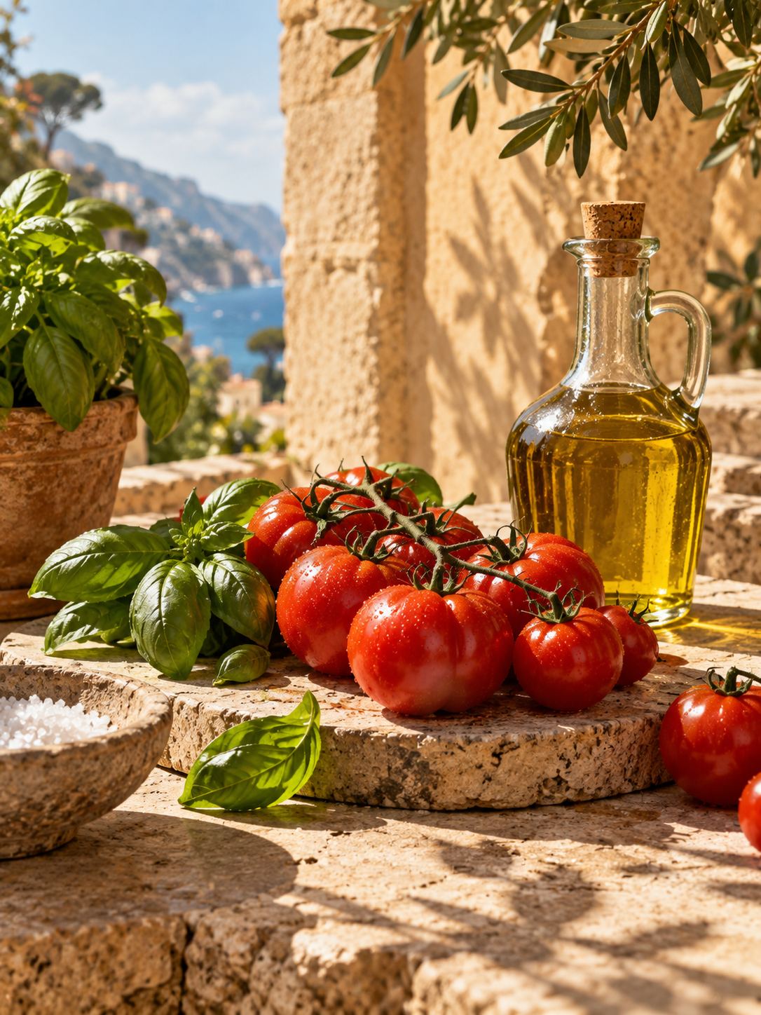 Tomaten, Basilikum und eine Flasche Olivenöl auf einer Steinmauer